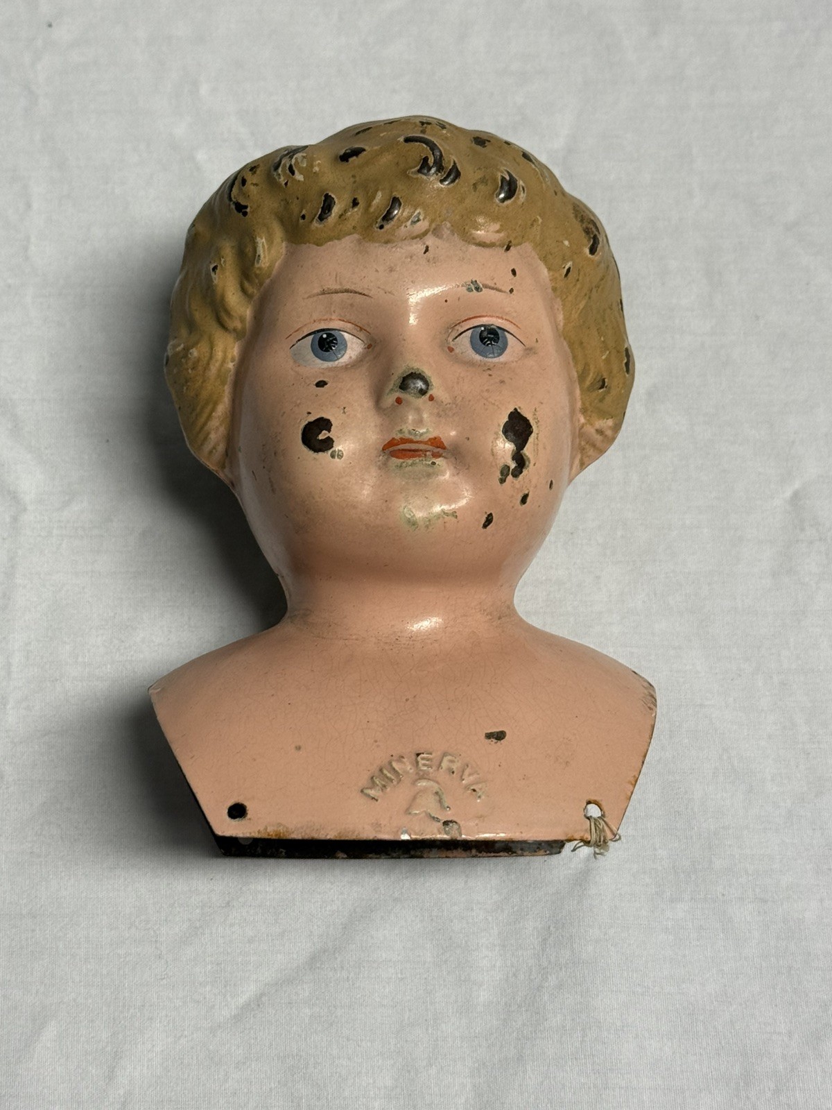 Antique German Tin Doll Head Minerva #6 Blonde Hair Blue Eyes