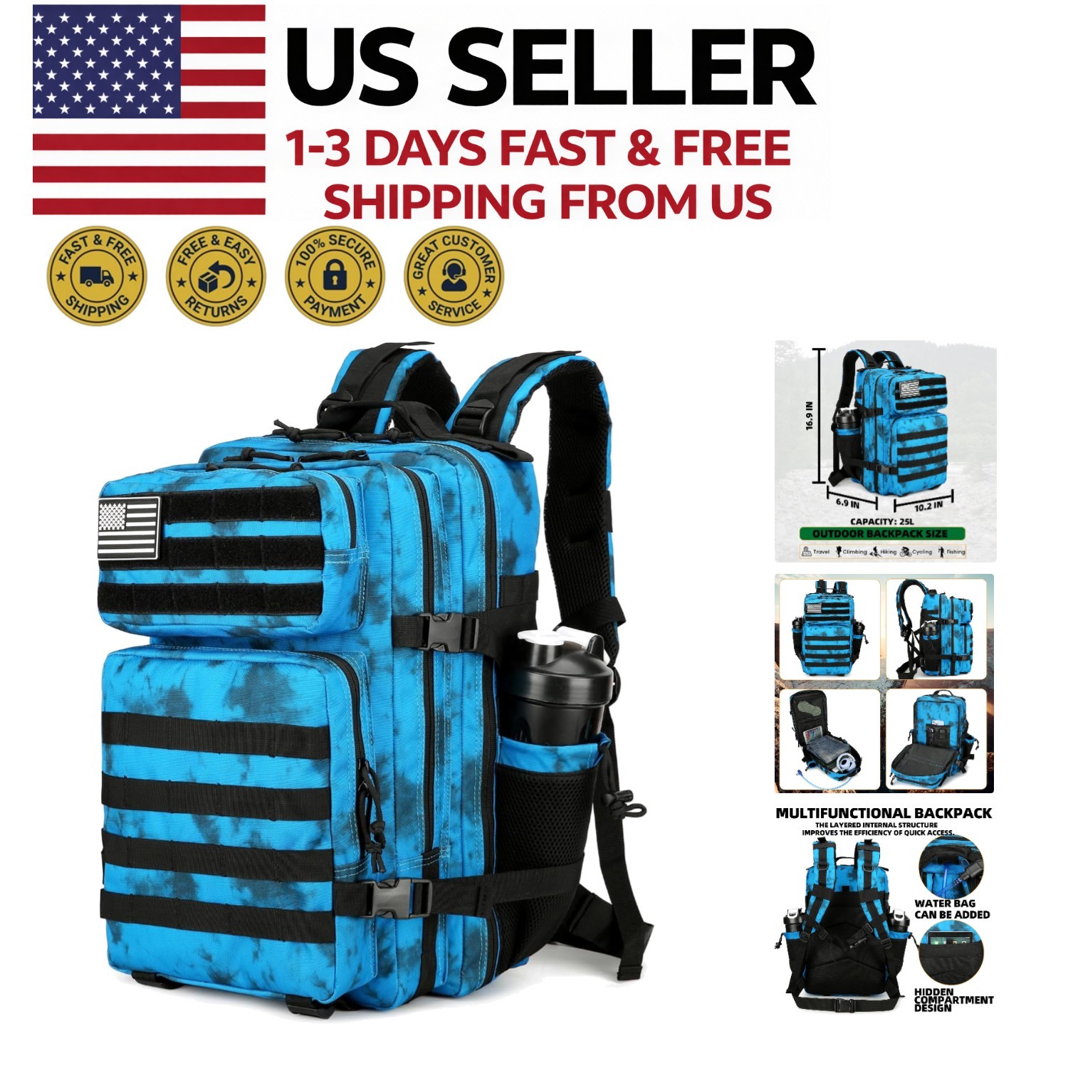 25L Tactical MOLLE Backpack Small Assault Hiking Blue Camo