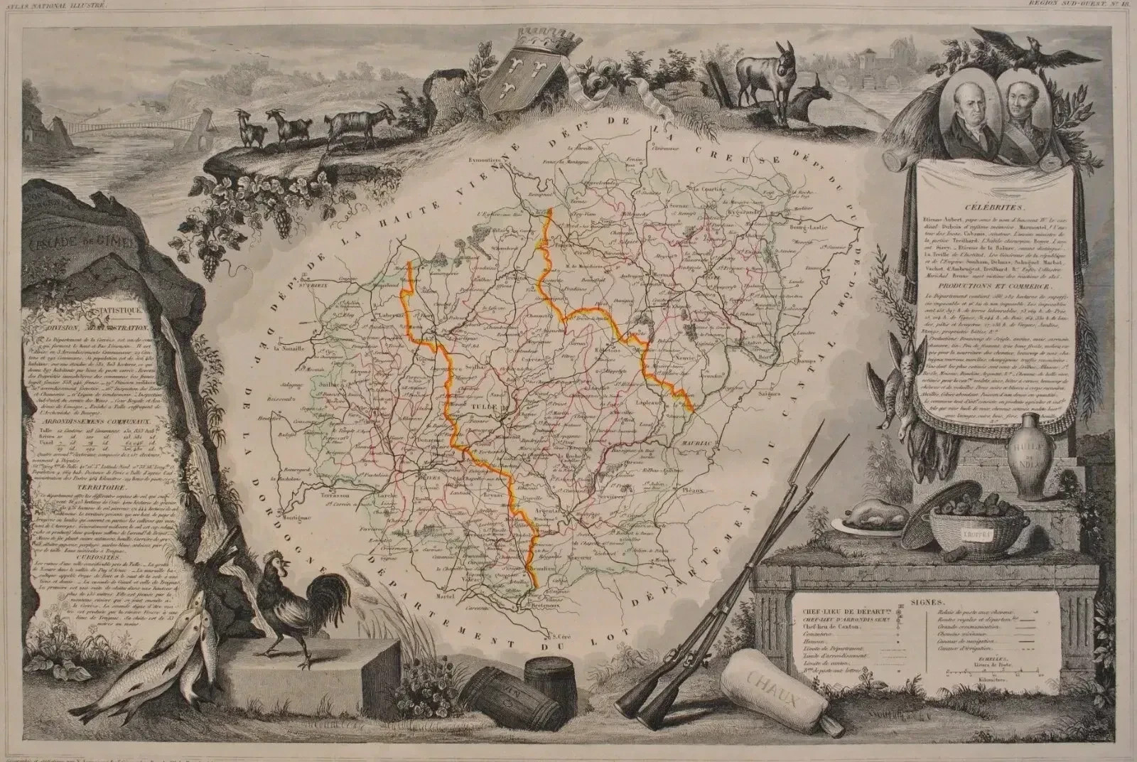 Victor LEVASSEUR : Carte ancienne de la Corrèze + limites, GRAVURE originale