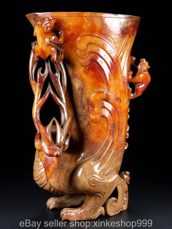 9.6" Old Chinese dynasty Hetian Jade Carving Phoenix bird Cup Sculpture statue