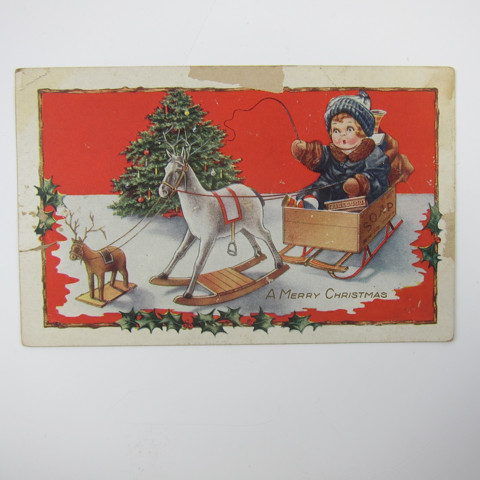 Antique Christmas Postcard Boy Sled Rocking Horse Deer Tree Whitney Embossed