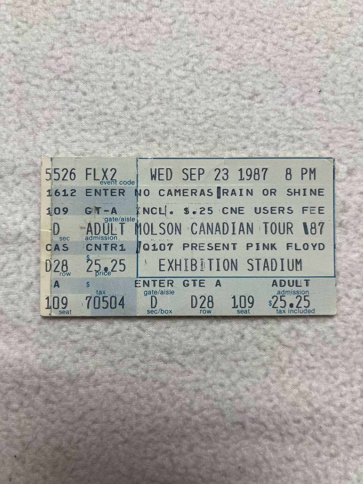 Pink Floyd Exhibition Stadium Toronto Tour Ticket - Sept. 23, 1987