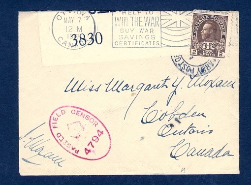 CANADA 1917 OVERSEAS MILITARY TO COBDEN ONT w/CENSOR TAPE & OTTAWA MAY 7 FLAG
