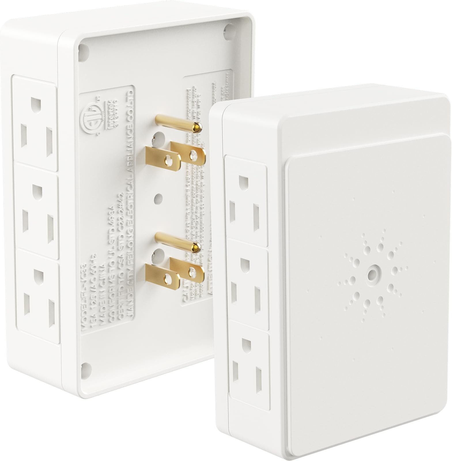 PLUGTUL 2 Pack Side Outlet Plug Adapter, 6-Outlet Extender, 3-Prong, White 