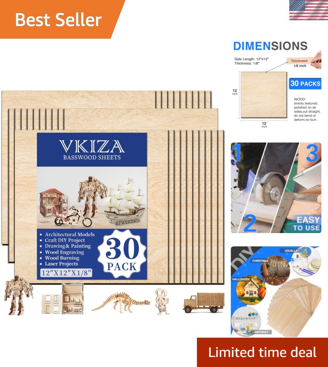 Durable 12x12 Basswood Craft Sheets, 30 Pack for Staining & Painting Projects