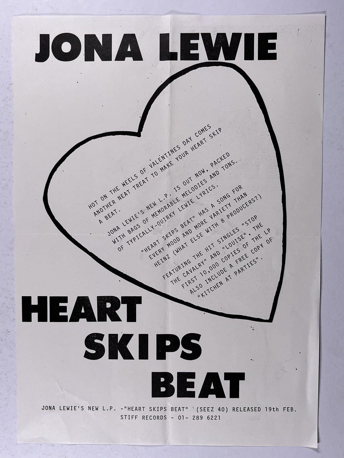 Jona Lewie Press Release Heart Skips Beat New Album Original Stiff Records 1982
