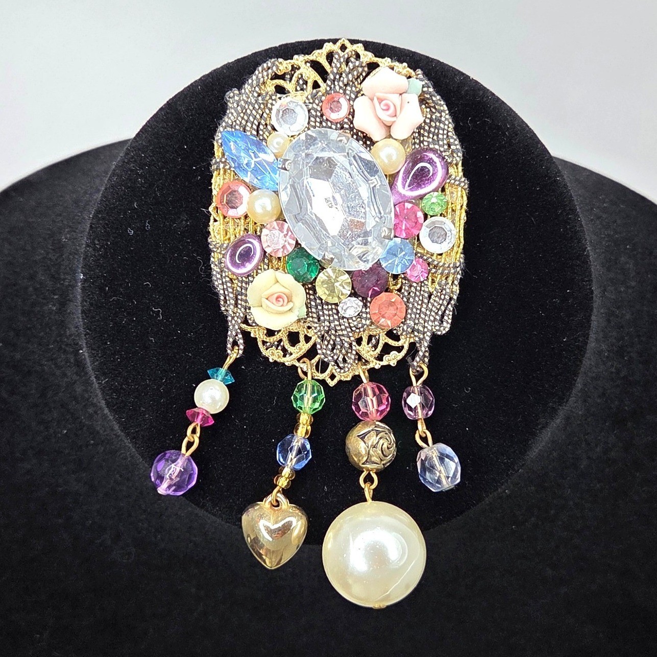 Vintage Style Brooch with Rhinestones, Faux Pearls, Beads and Dangles 3.5"