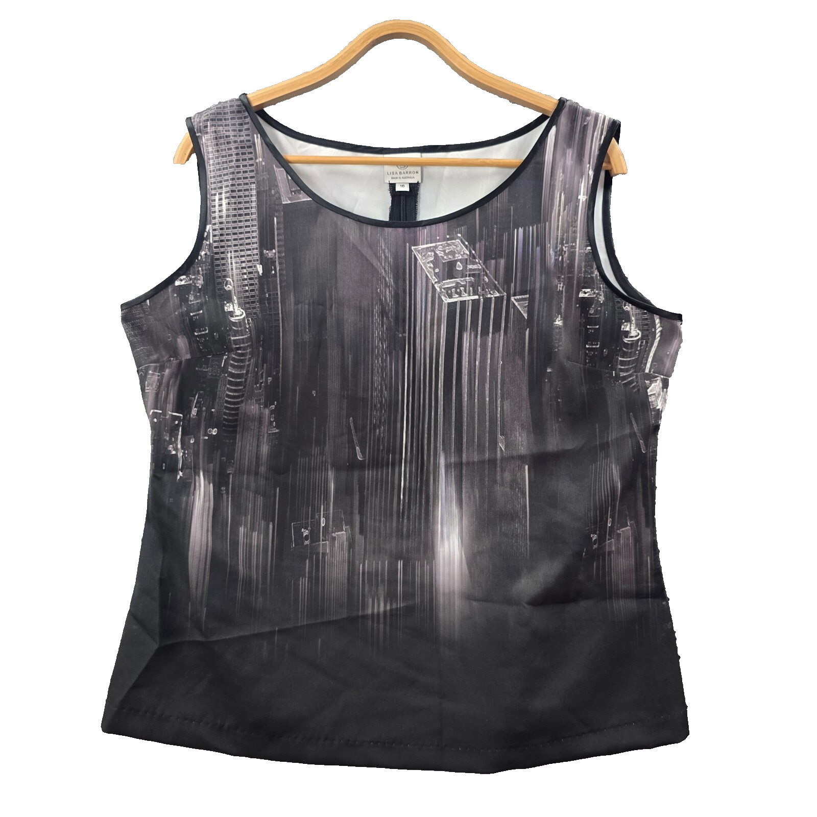 Lisa Barron Tank Top Womens Size 16 Grey Black Scenery Print Sleeveless