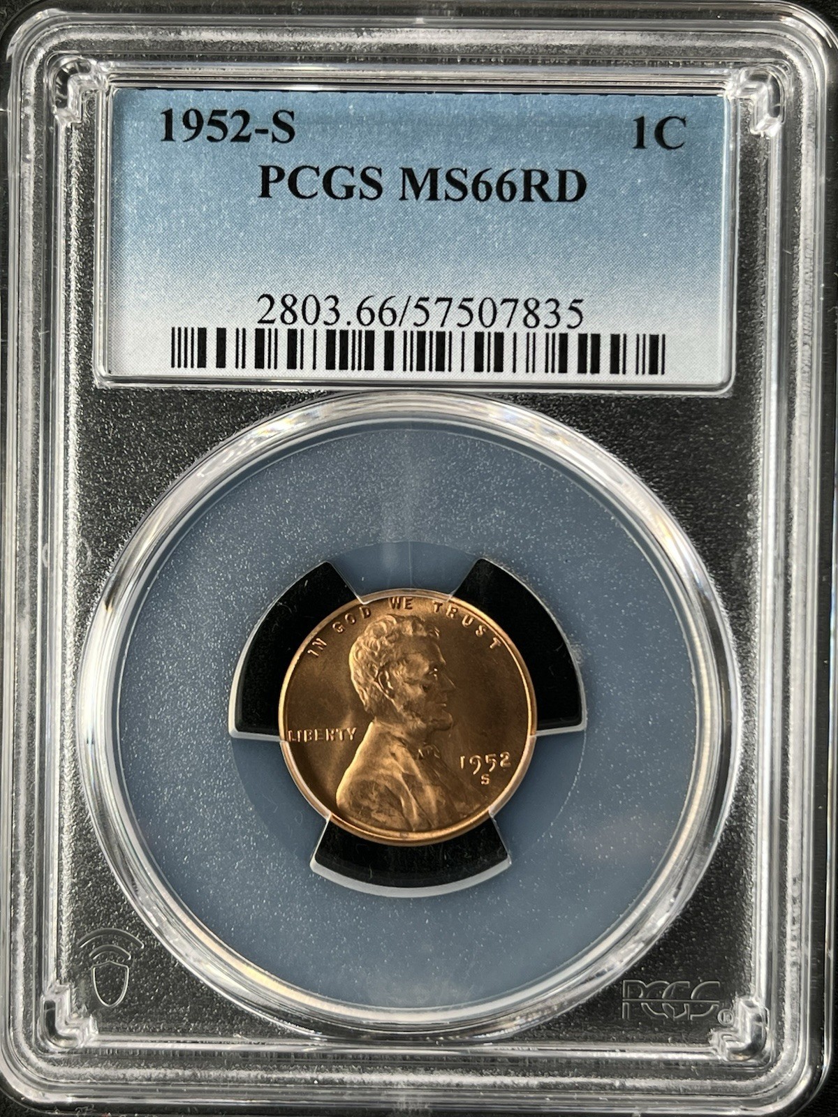 1952-S 1C RD Lincoln Wheat One Cent  PCGS MS66RD  57507835
