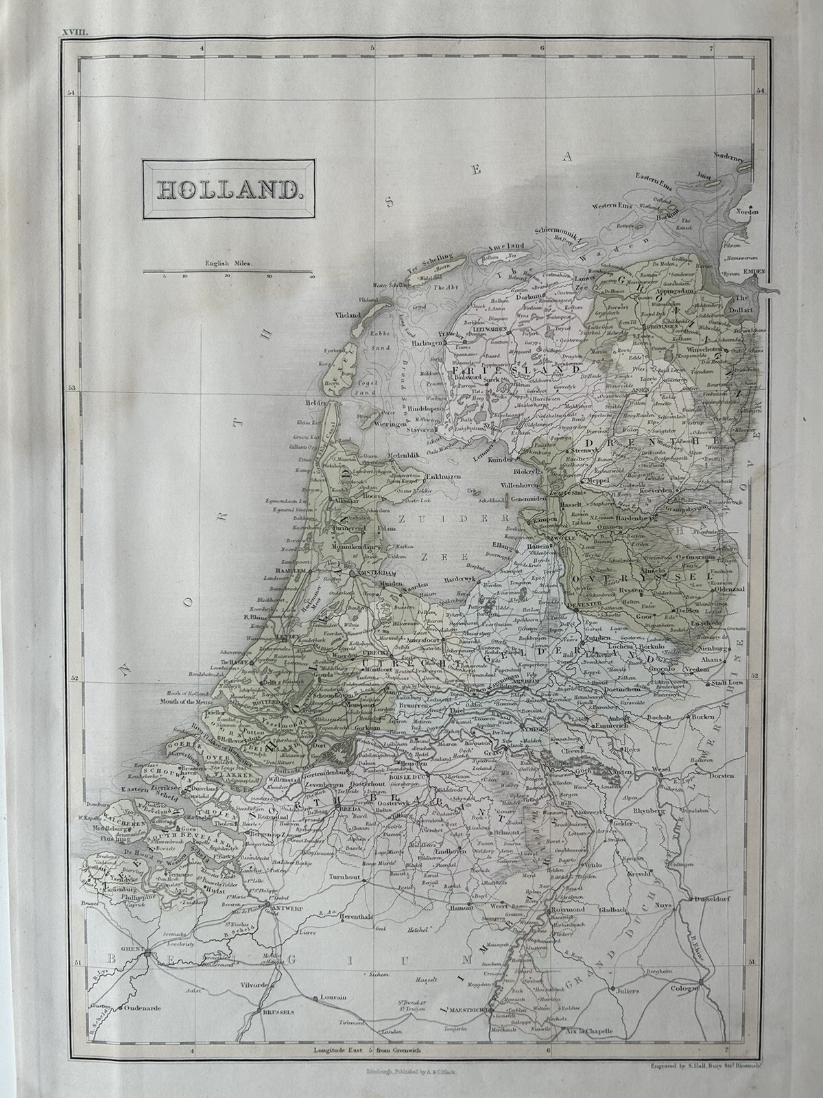 1851 Holland Hand Coloured Original Antique Map by Selina Hall