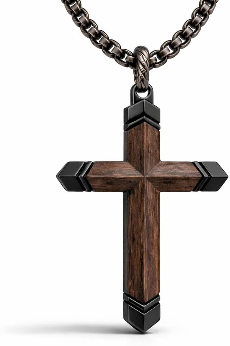 Mens Cross Necklaces - Wooden Cross Necklace for Men - Stainless Steel Gift for 