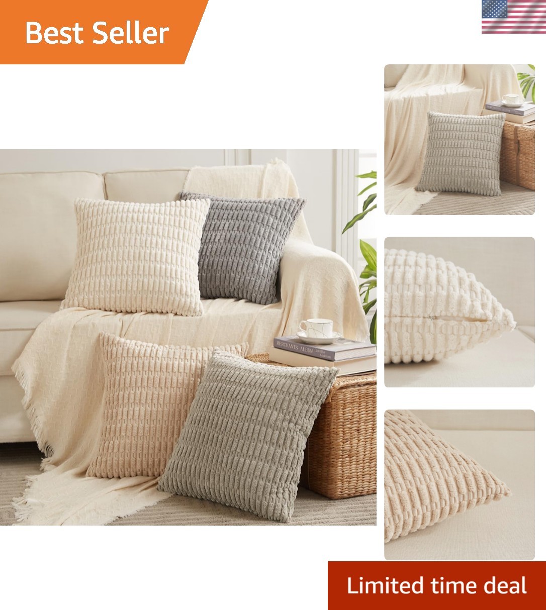 4 Packs Neutral Decorative Throw Pillow Covers 18x18 Inch for Living Room Cou...