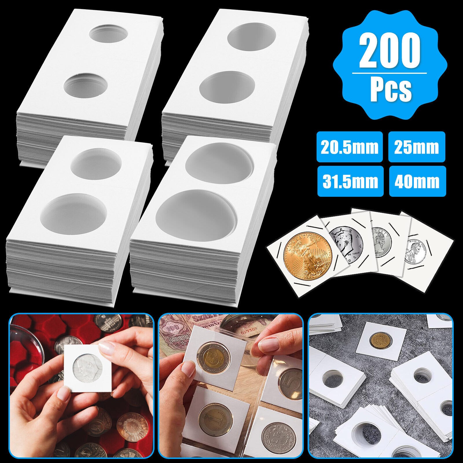 200 Assorted Coin Holder 2X2 Cardboard Mylar Flip For Penny Nickel Dollar 4 Size