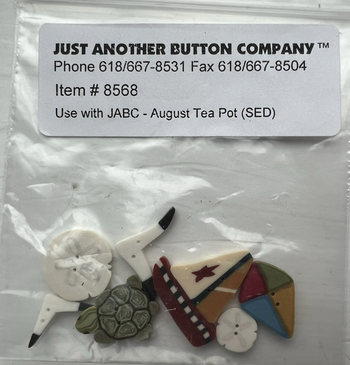 Just Another Button Company August Teapot Button Lot of 7 Sailboat Turtle Kite