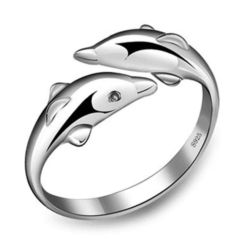 925 Sterling Silver Open Double Dolphin Love Ring Adjustable Women Gift Jewelry