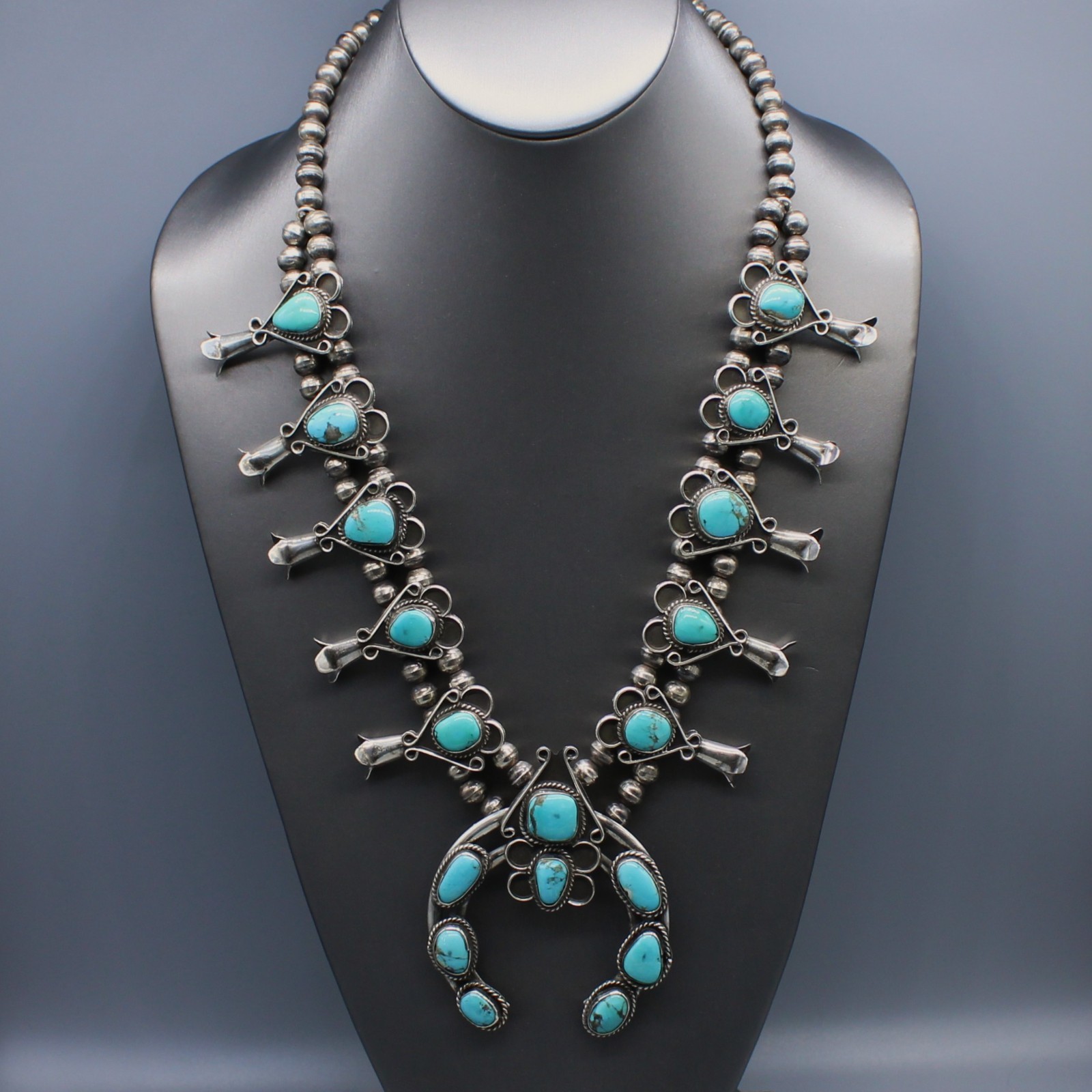Distinctive Sterling Silver Turquoise Squash Blossom Necklace