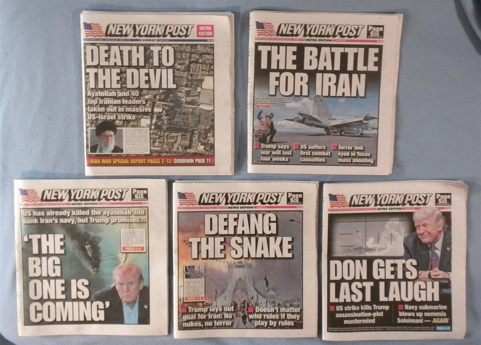 LOT 5 NY NEW YORK POST NEWSPAPERS IRAN WAR AYATOLLAH KILLED MARCH 1 2 3 4 5 2026