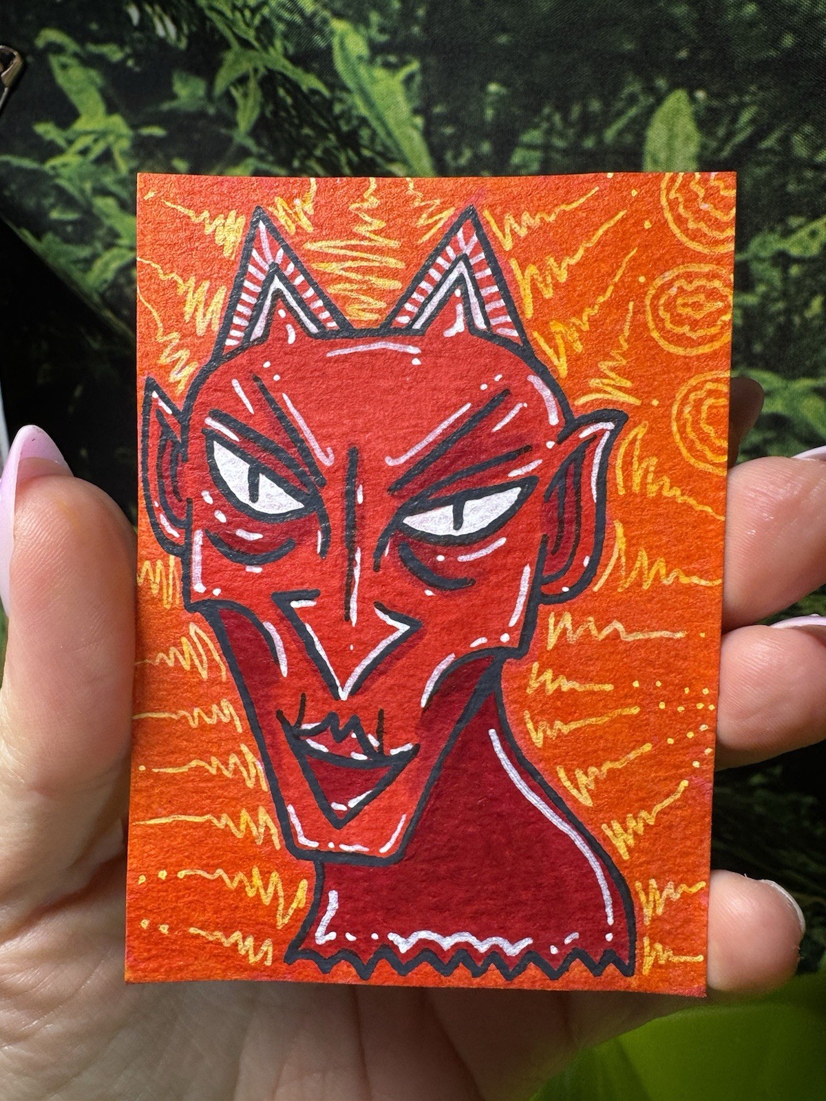ACEO Red Devil Original Miniature Painting Card Orange Handmade Slimeskullart