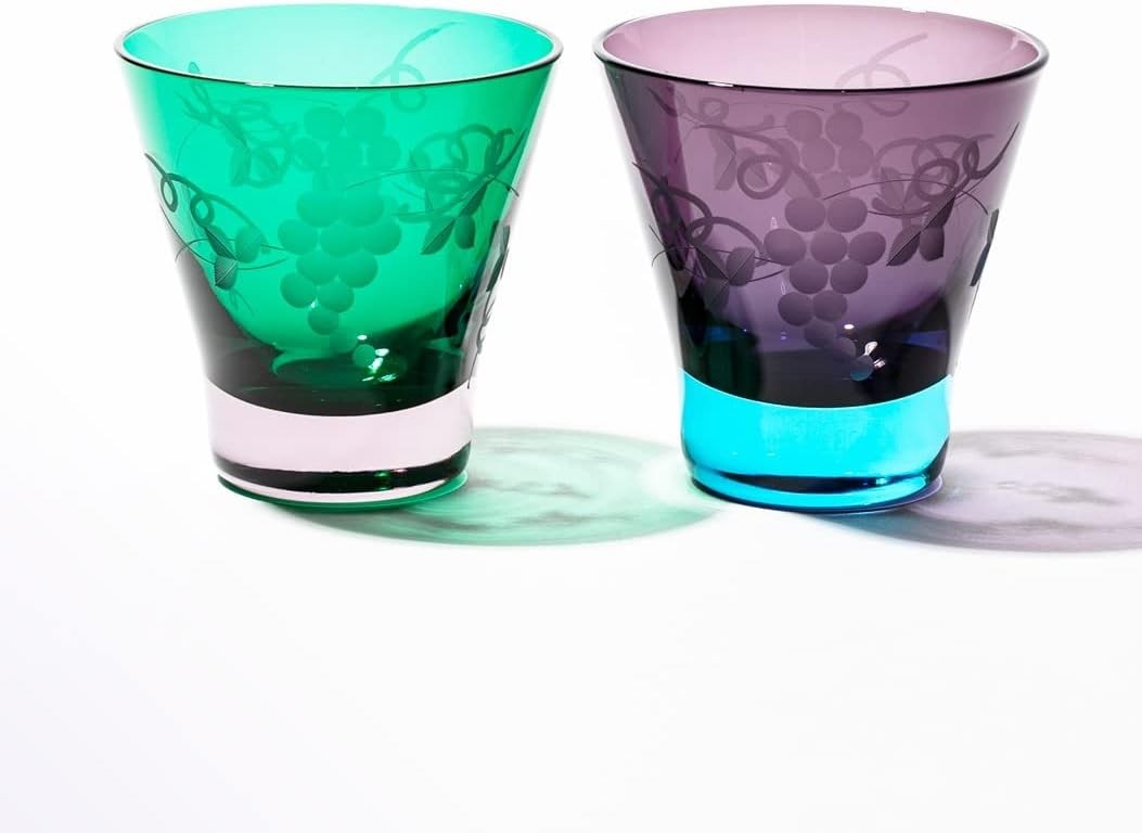 Edo Kiriko Cut Glass Whisky Glass Pair Grape Pattern Green Purple Japan Gift Box