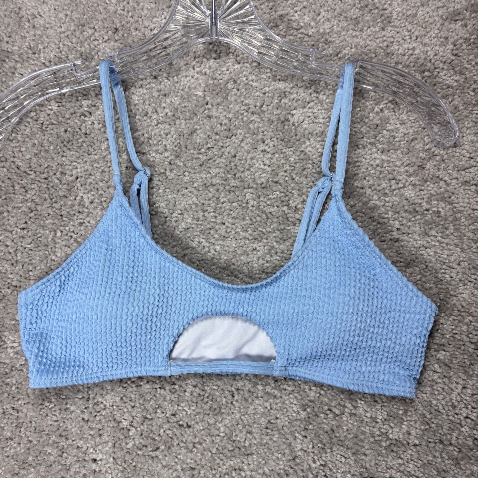 Light Blue Textured Smocked Bikini Top Bralette Front Cutout Medium