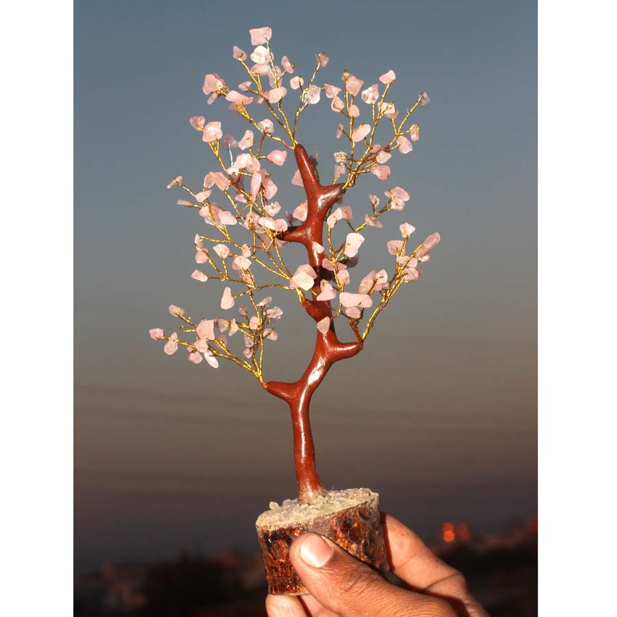 150+ Rose Quartz Gemstones Golden Branches Bonsai Money Tree Decor 8-9.5" JW