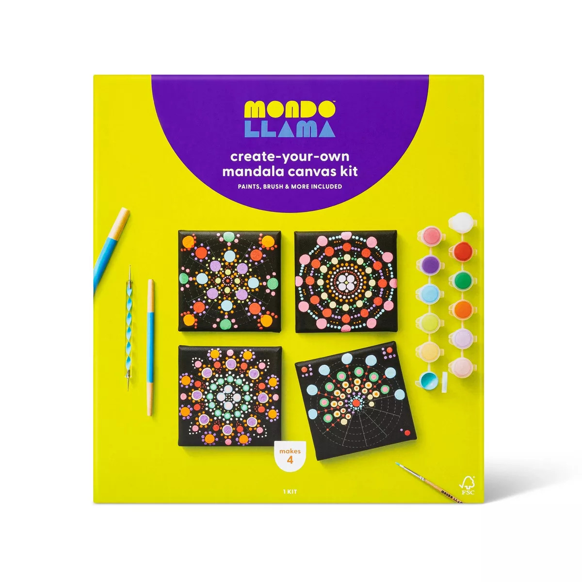 4'' X 4'' 4Pk Paint-Your-Own Canvas Kit Mandalas - Mondo Llama™: DIY Art Kit wit