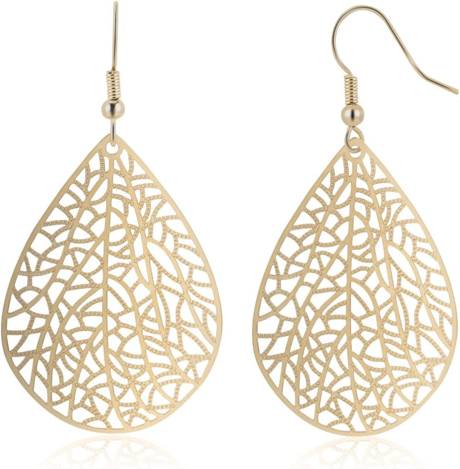 Teardrop Earrings for Women, 14K Plated Dangle Earrings Handmade Filigree Teardr