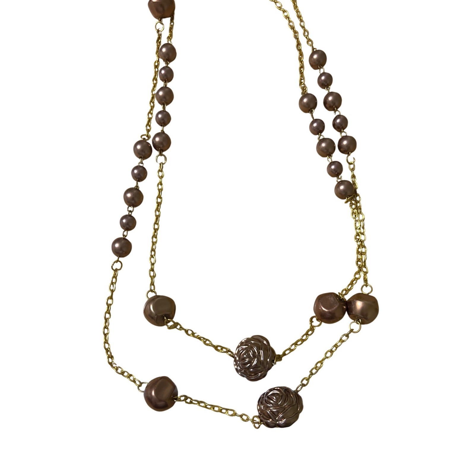 Layered Rose Bead Necklace Gold Tone Faux Pearls Long Statement Boho Romantic