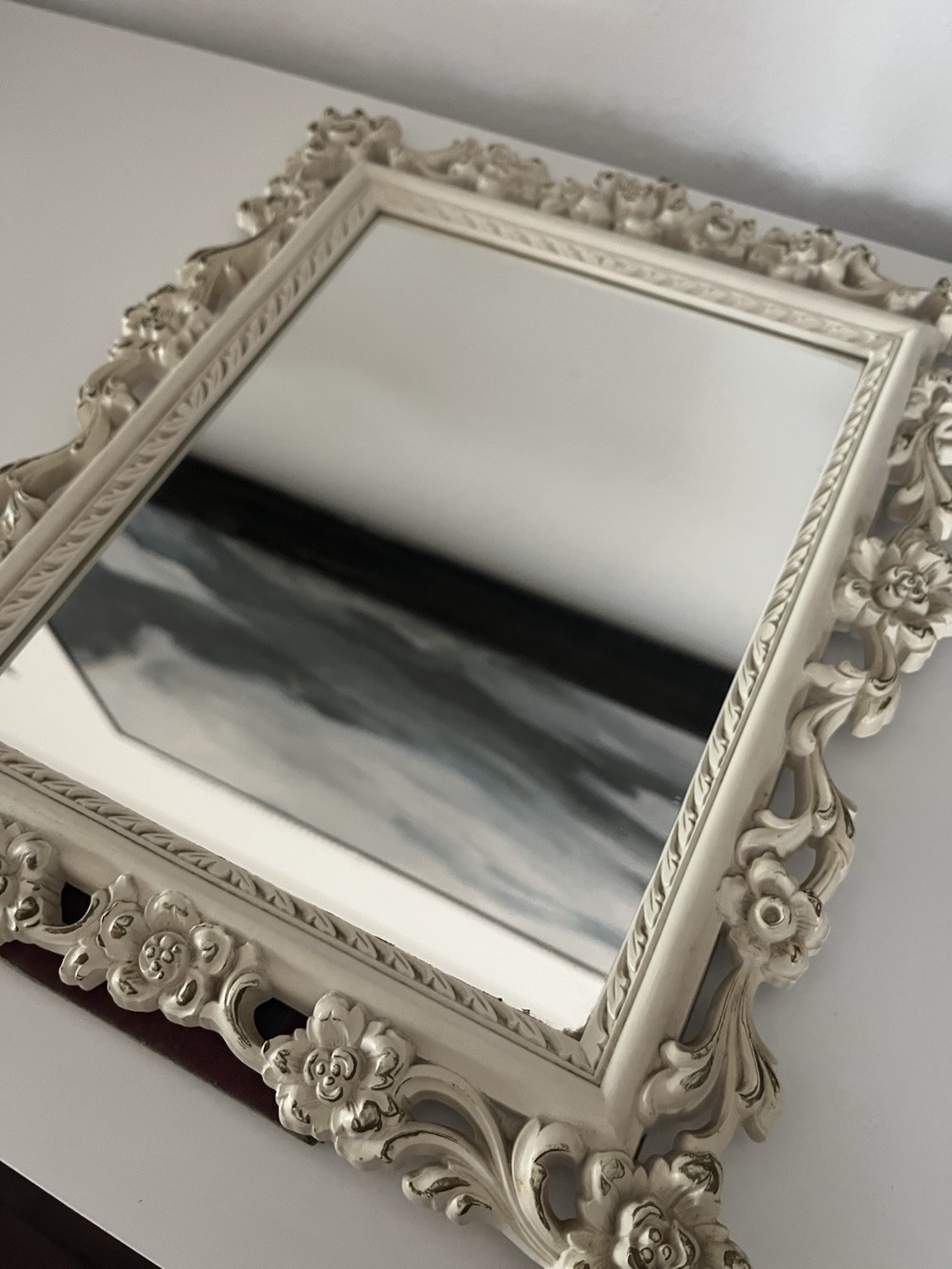 Vintage Syroco Inc. Mirror, 11” x 13” White Floral Ornate Hollywood Table Top