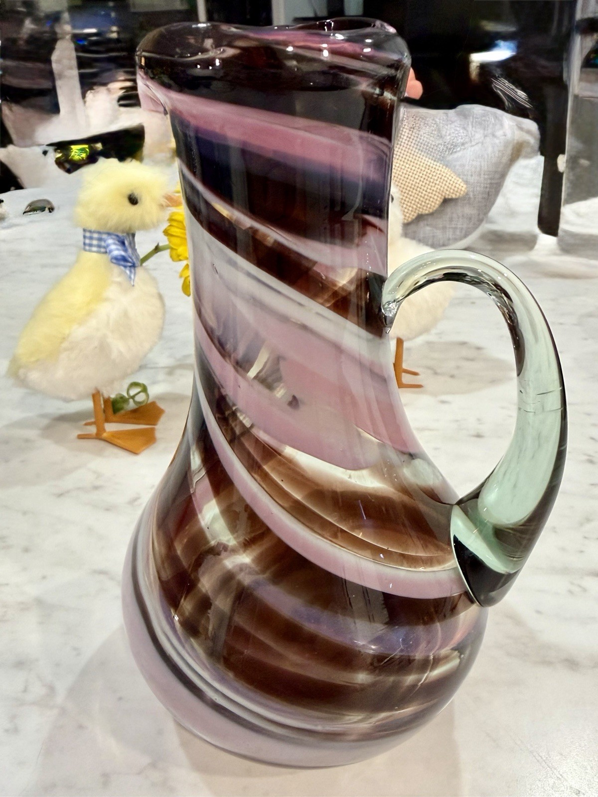 Small 7.5” Hand Blown Art Glass Pitcher Purple Pink White Swirls Flowers