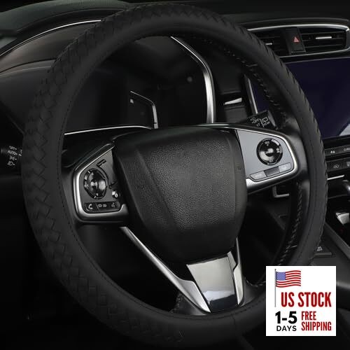 Leather Steering Wheel Cover Men，with Black Woven Pattern Black+Woven Pattern
