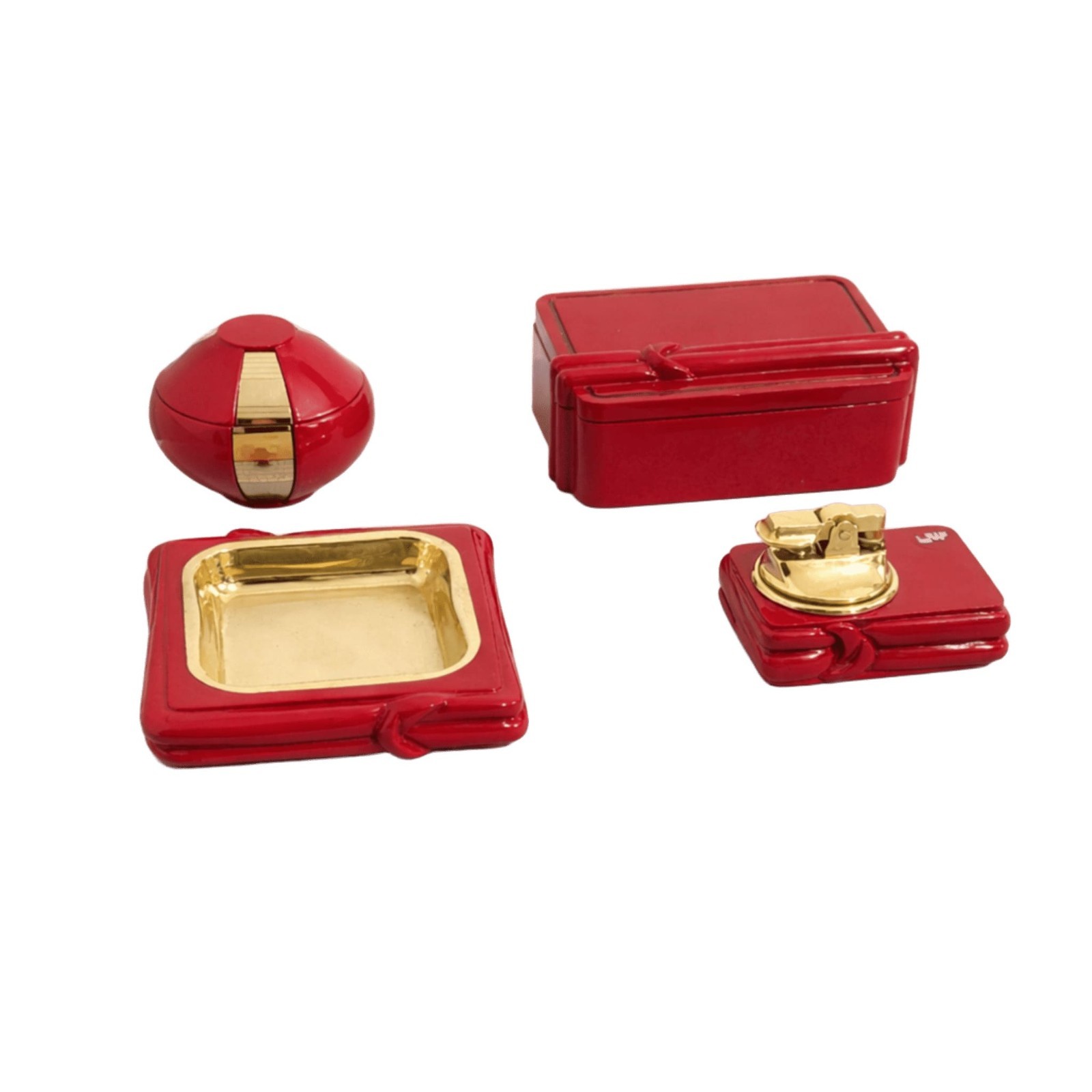 1970s Italian Red Glazed Ceramic and Brass Tuxedo Set, Four Pieces
