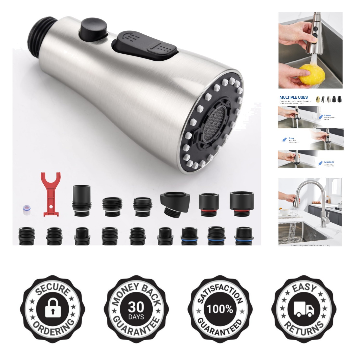 Versatile Kitchen Faucet Sprayer Head with Strong Blade Spray Mode & Adapters