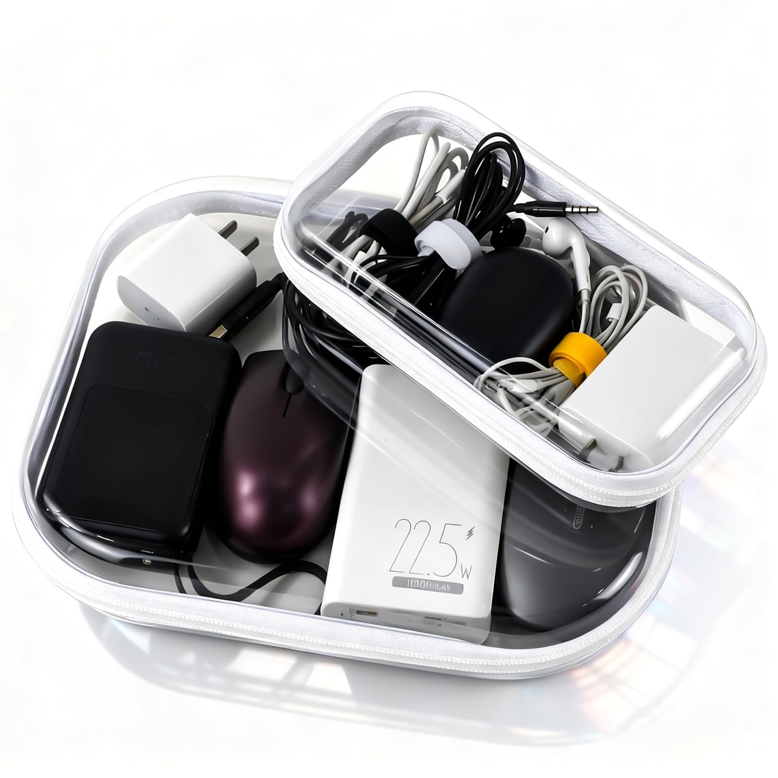 MUOUAKATE 2PCS Clear Electronics Organizer Travel Case, Transparent and white 
