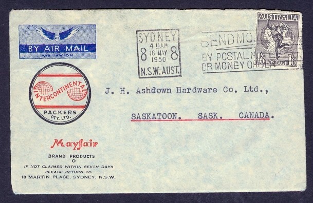 AUSTRALIA 1950 AIRMAIL ILLUSTRATED INTERCONTINENTAL PACKERS SYDNEY TO CANADA