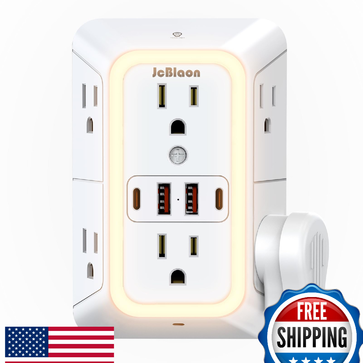 Wall Outlet Extender w/ Night Light, 3-Sided Multi Plug Adapter USB C, Surge Pro