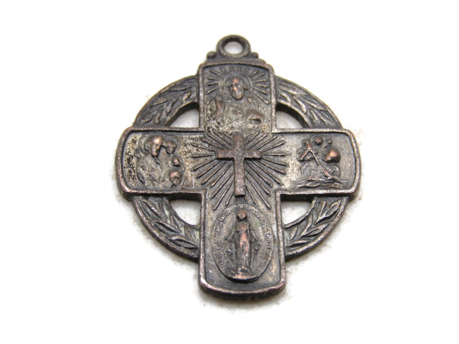 Vintage Cross Wreath & Religious Symbols Necklace Charm Silver Tone
