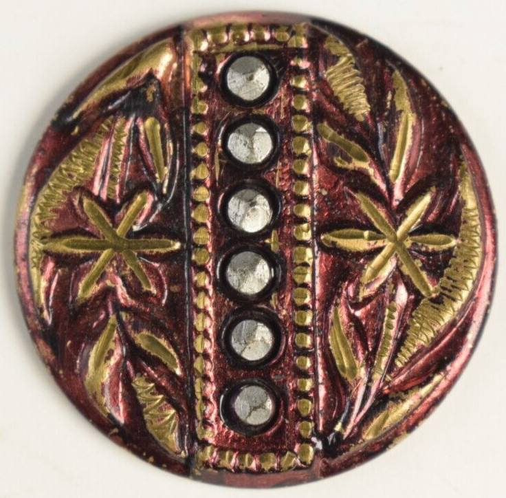 Victorian High-End Brass Cut Steel Tinted Wheat Leaves Button Fab! R31