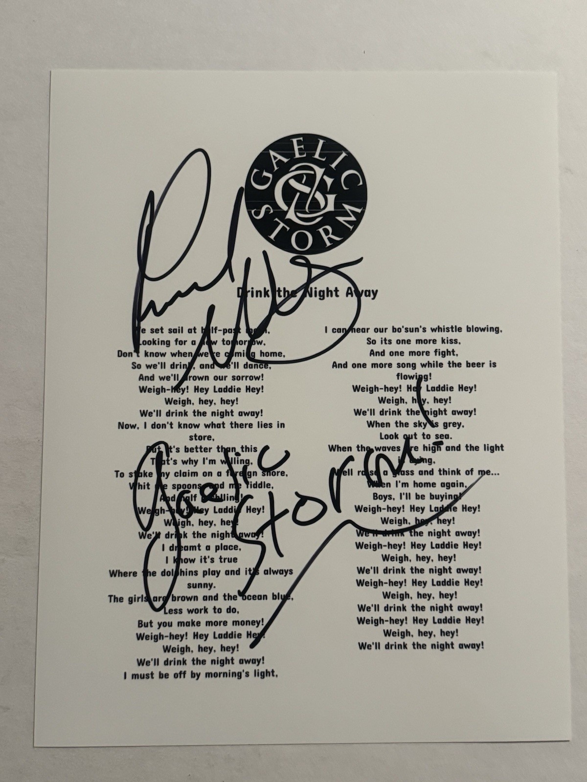 PATRICK MURPHY GAELIC STORM BAND LEAD SINGER SIGNED LYRIC SHEET AUTOGRAPHED COA