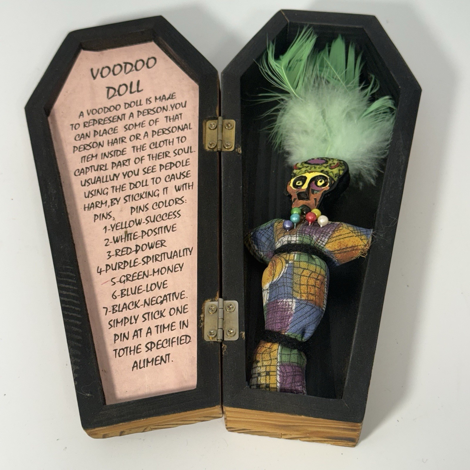 New Orleans VOODOO Doll  Wood Coffin Case Tourist Souvenir Small 6”