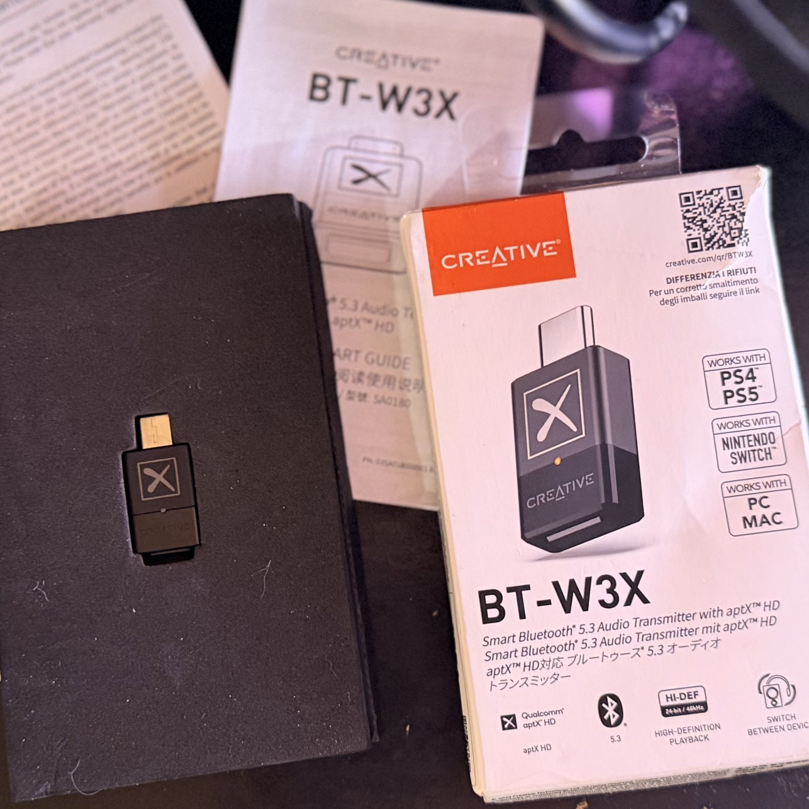 Creative BT-W3X Bluetooth 5.3 Audio Transmitter aptX HD USB-C PS5 Switch PC Mac