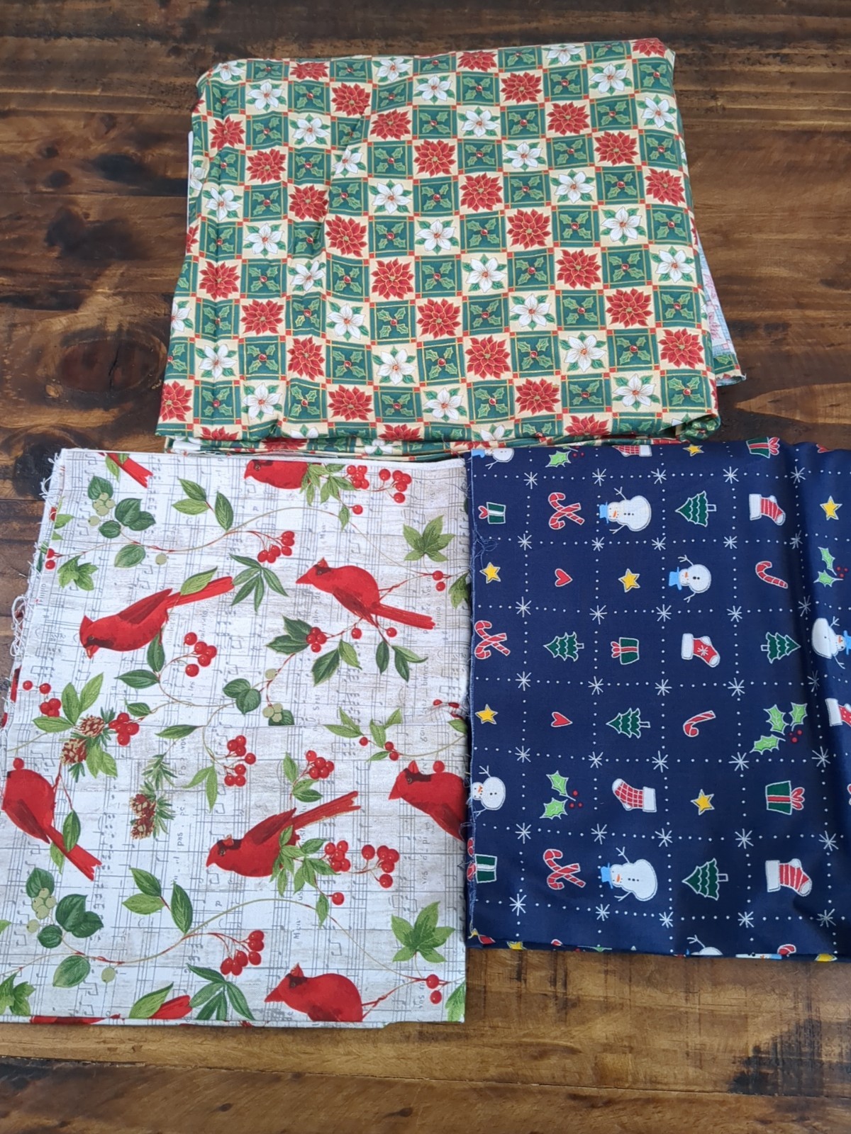 Lot of Christmas Fabric, cardinals, snowflakes, stockings, snowmen, 1lb 1oz