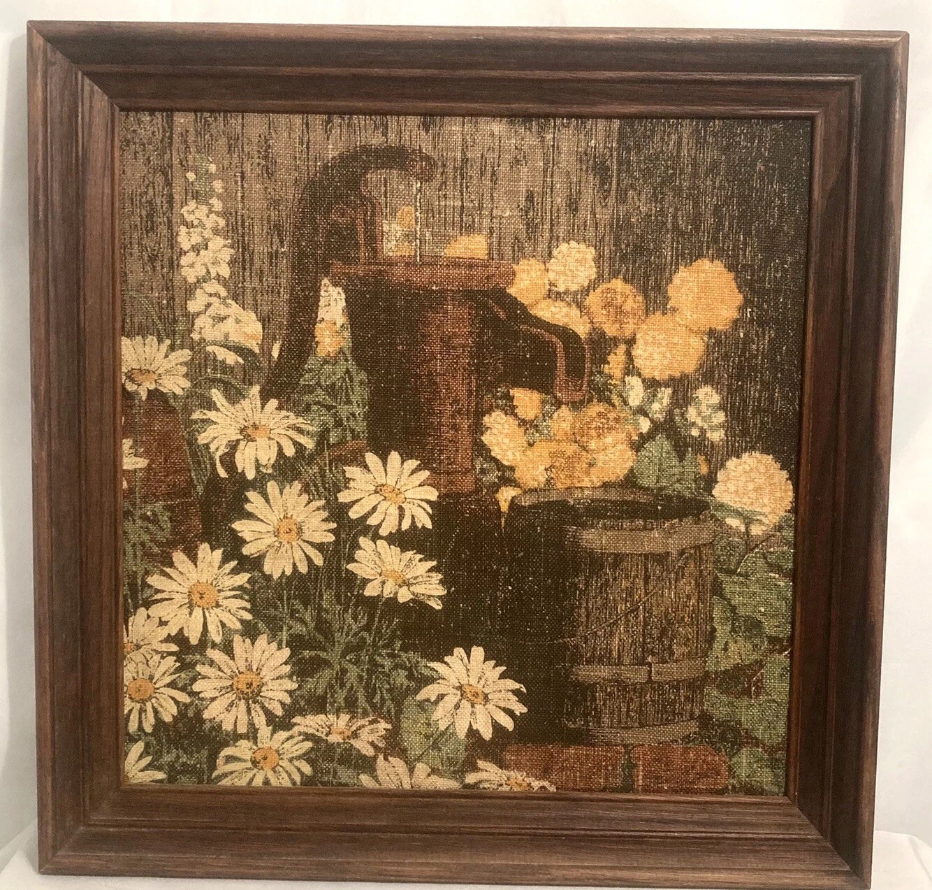 Vintage Kay Dee Linen Hand Prints Framed Water Pump Scene 16 x 16 Daisy