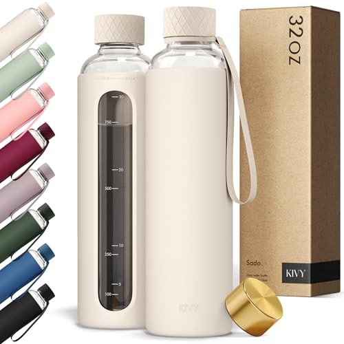  Glass Water Bottle with Silicone Sleeve 32 oz [WITH 33.8 Ounces Cream White