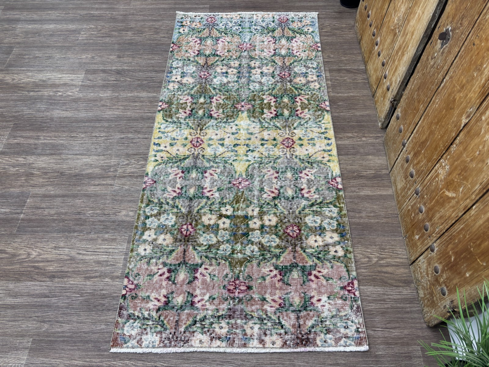3x6 Vintage Turkish Runner, Hand-Knotted Wool Rug, Green Pink Floral Hallway Rug
