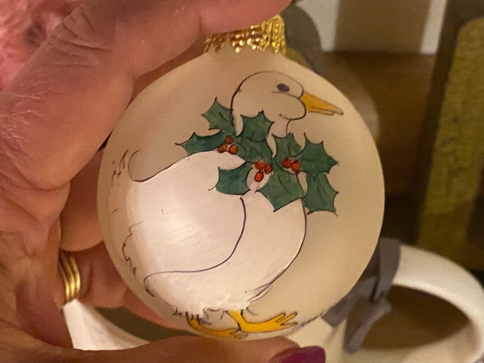 Vintage Hand Painted on Glass Goose Duck Round Christmas Ornament Signed 2.5"