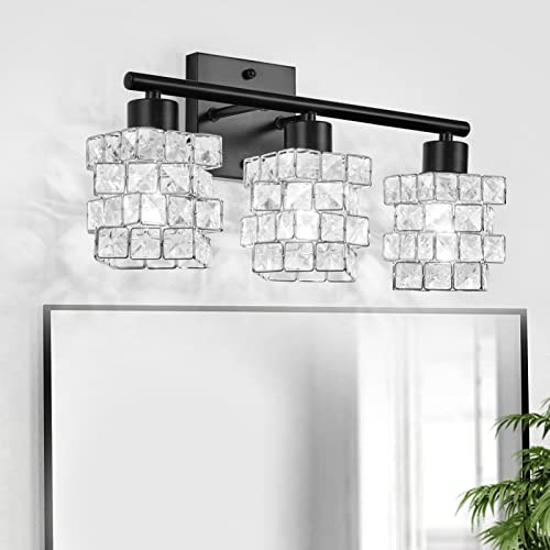 3 Lights Bathroom Vanity Light, Crystal 3-Lights Matte Black With Shiny Crystal