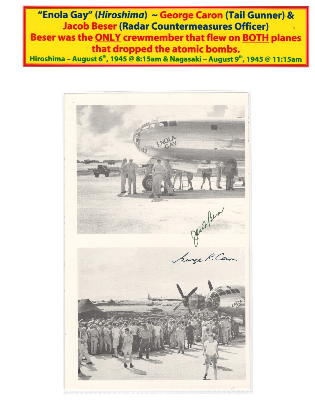 WWII ATOMIC BOMB MISSIONS: George Caron & Jacob Beser Signed Image @Tinian 1945