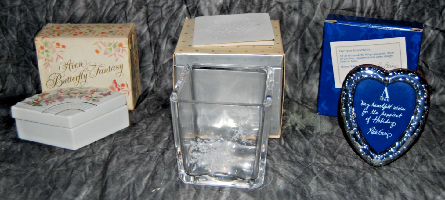 Lot of 3 Vintage Avon, Heart Picture Frame, Holiday Glass, Butterfly Jewelry Box