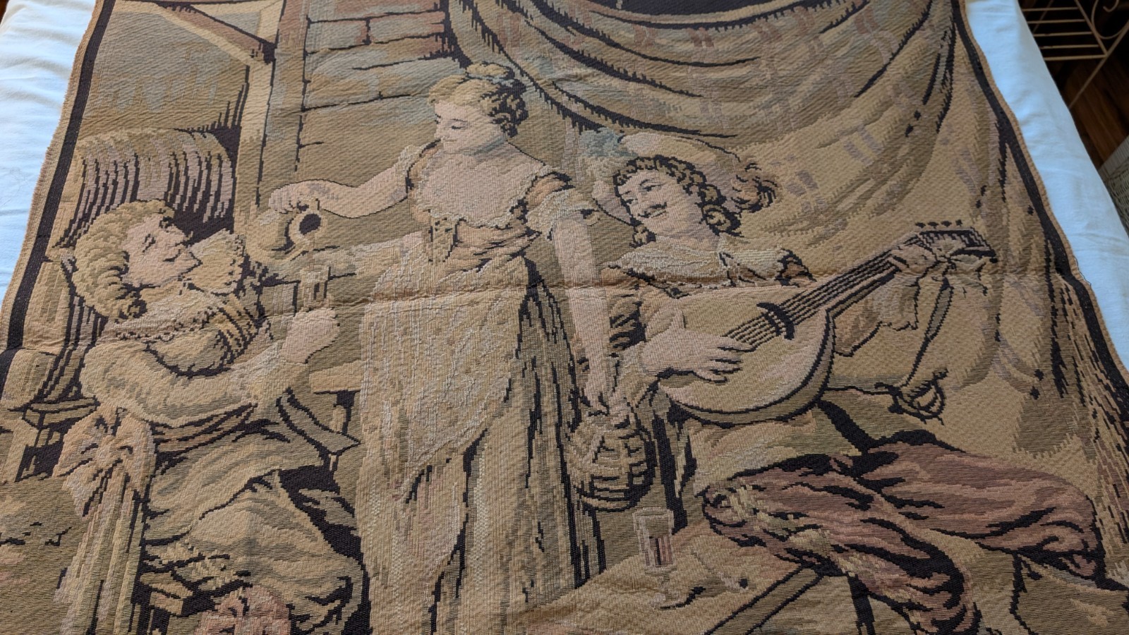 Vintage French Tapestry Tavern Guest Scene France 47 x 50 with  musician